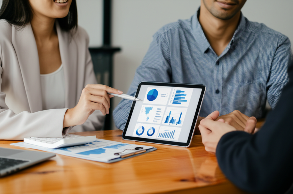 Financial advisor meeting with client discussing investment portfolio