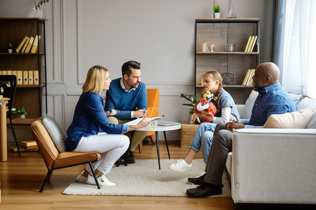 Insurance agent consulting with family