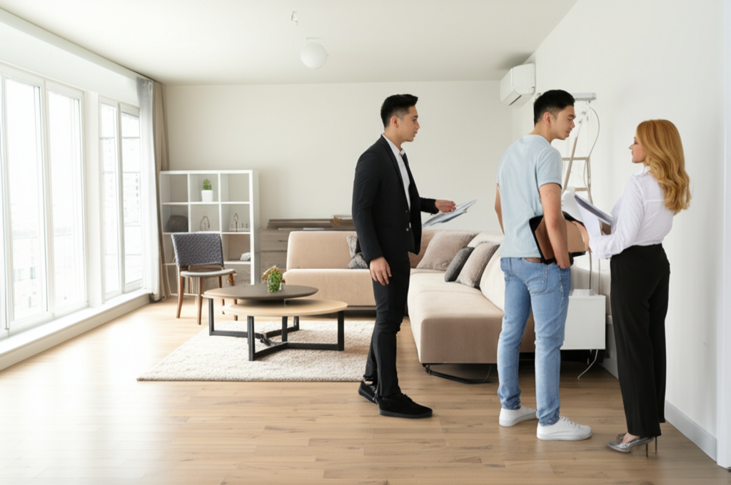 Real estate agent showing modern home to interested couple